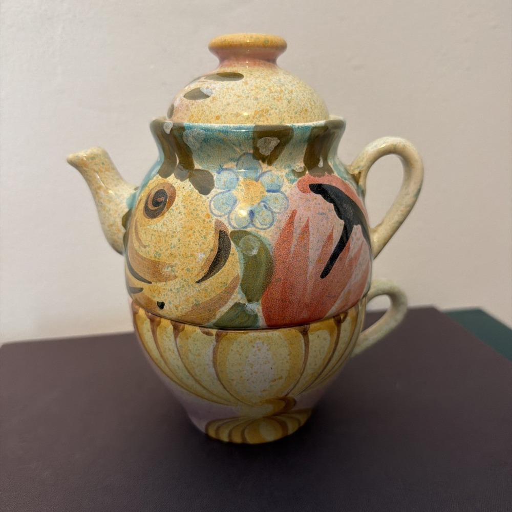 Italian Pottery Stacking Teapot & Cup Set Hand Painted cottagecore Tea for One